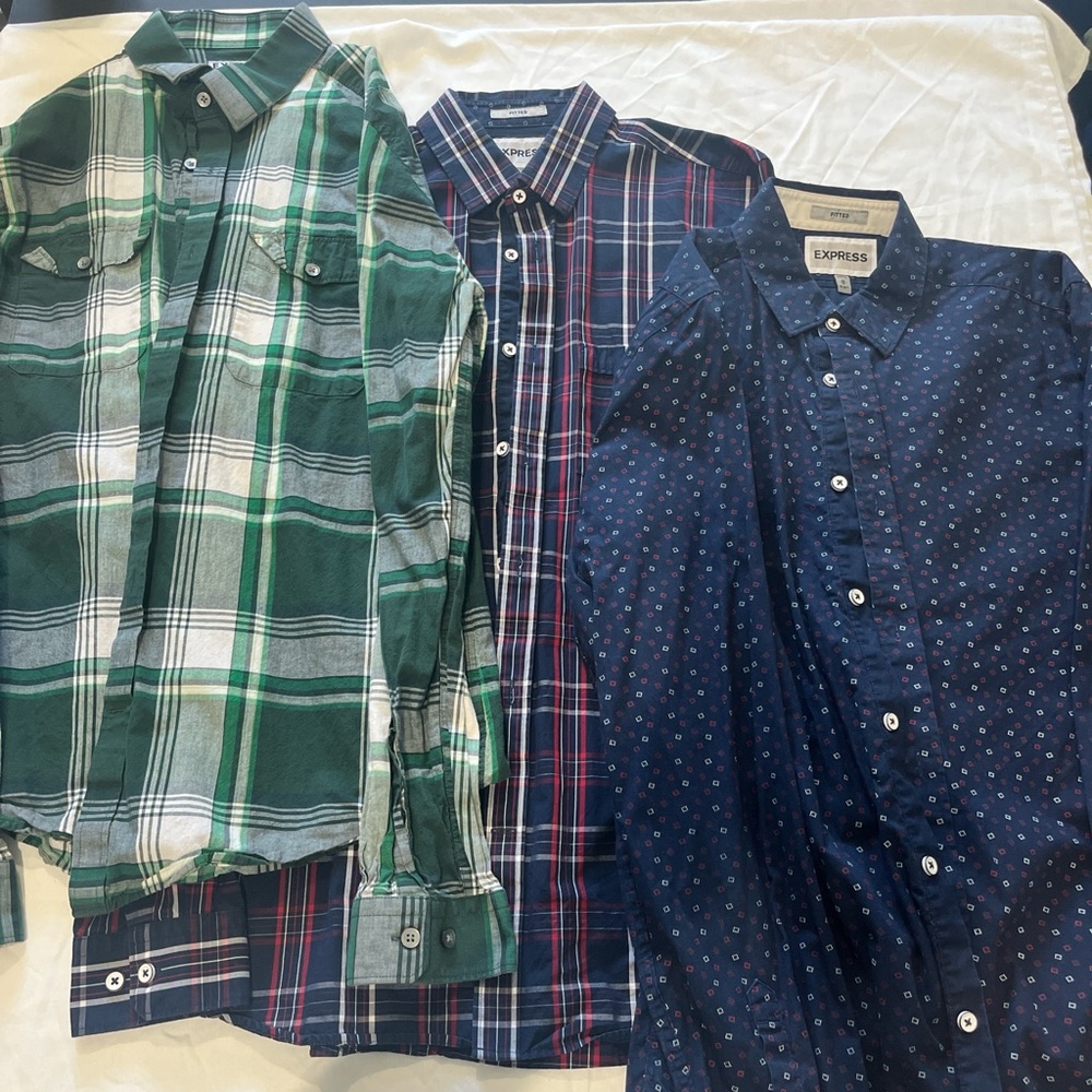 Express Men's Green, Red, and Navy Blue Plaid and Patterned Shirts